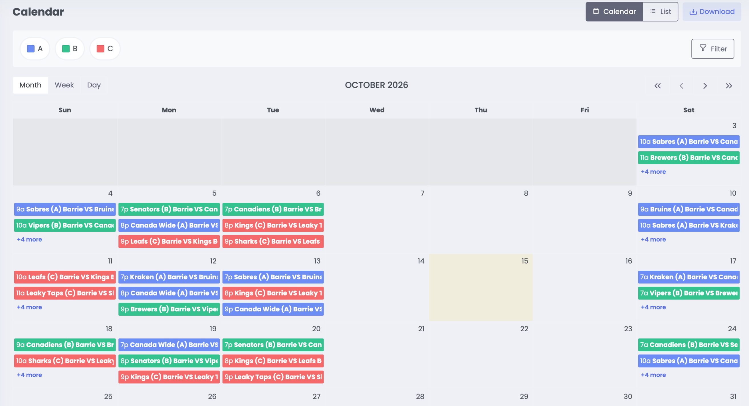 A generated SportsPlanr league schedule — the October calendar filled with games, colour-coded by division