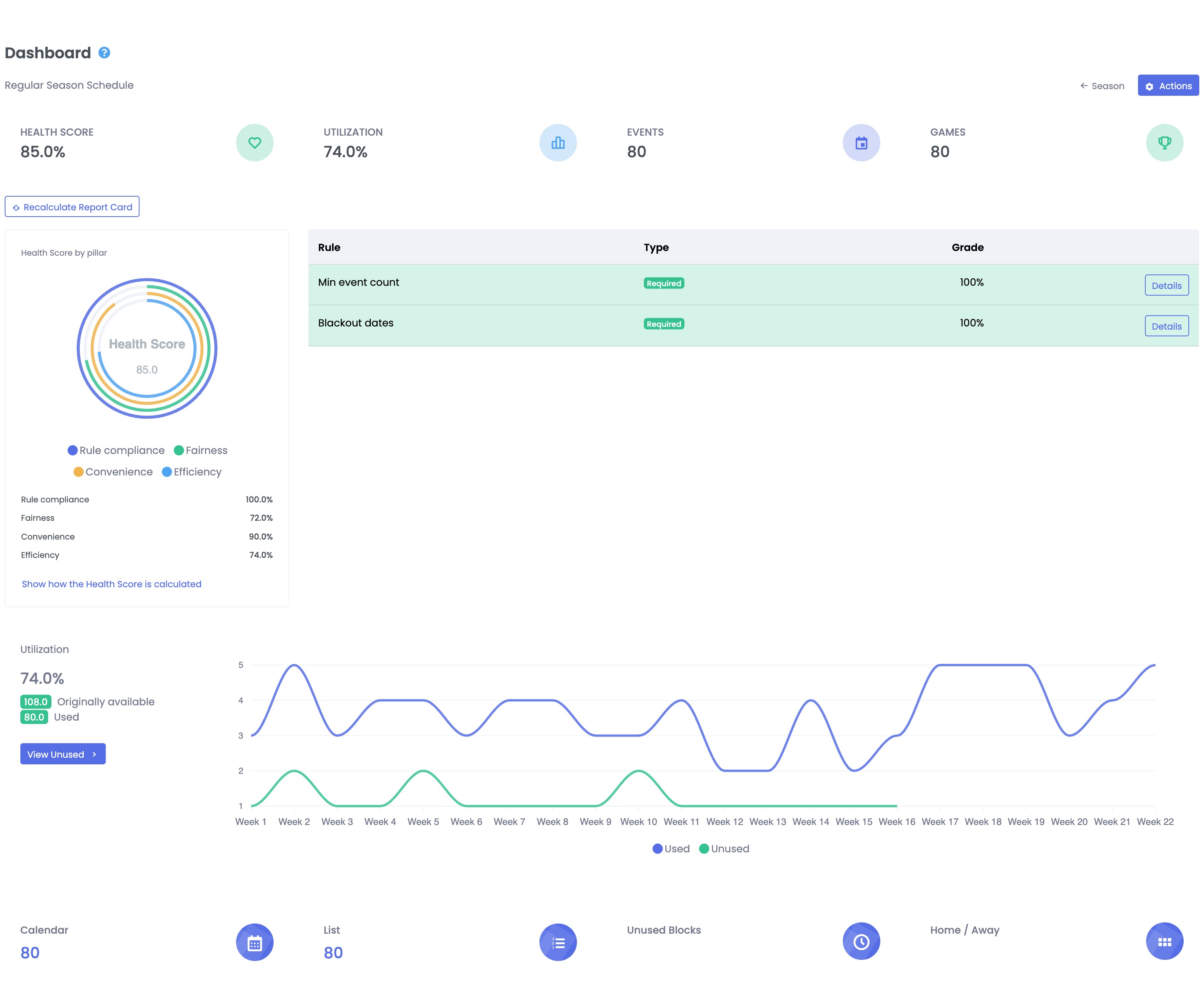 SportsPlanr schedule review and adjustment interface